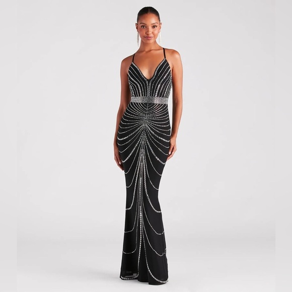 Banjul Beautiful Rhinestone Black Evening Gown - Picture 3 of 5